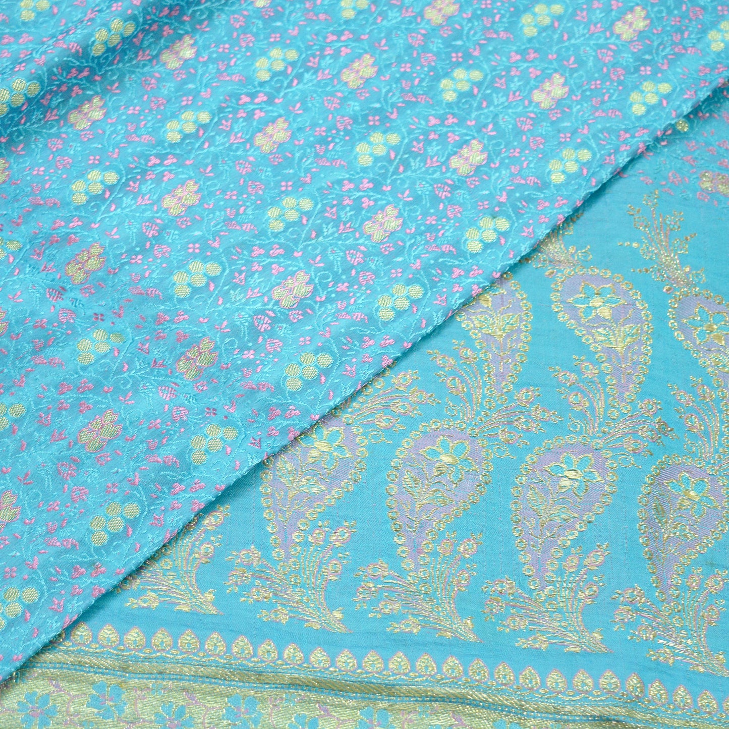 Indian Vintage Heavy Wedding Sari Pure Satin Silk Blue Woven Banarasi Tanchoi Sarees Zari 5Yd Ethnic Craft Fabric Upcycle Dress Making Used