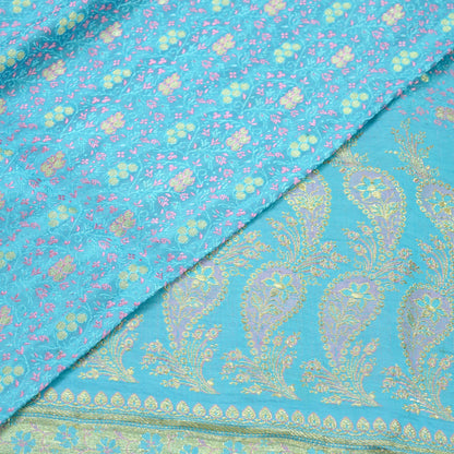 Indian Vintage Heavy Wedding Sari Pure Satin Silk Blue Woven Banarasi Tanchoi Sarees Zari 5Yd Ethnic Craft Fabric Upcycle Dress Making Used