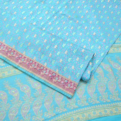 Indian Vintage Heavy Wedding Sari Pure Satin Silk Blue Woven Banarasi Tanchoi Sarees Zari 5Yd Ethnic Craft Fabric Upcycle Dress Making Used