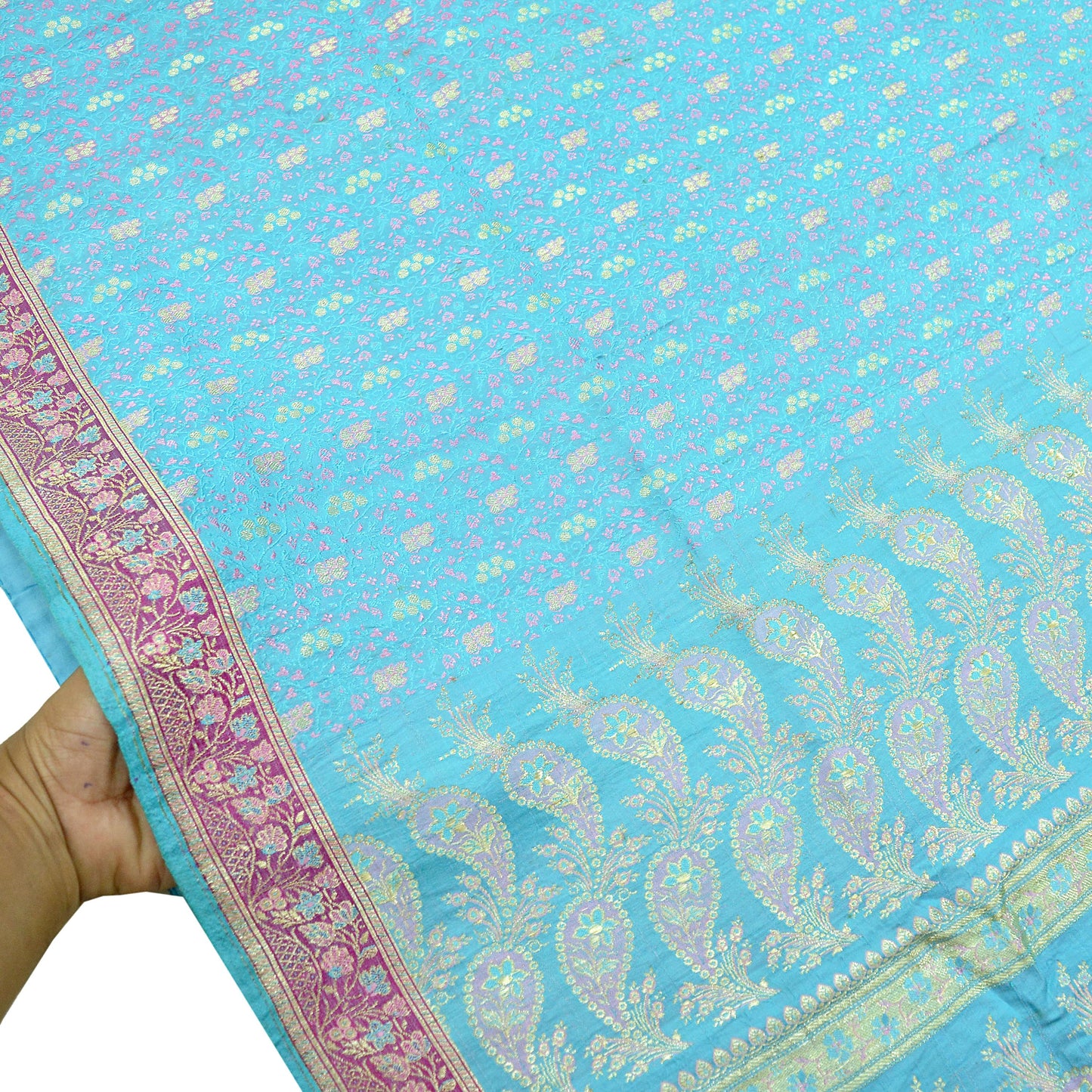 Indian Vintage Heavy Wedding Sari Pure Satin Silk Blue Woven Banarasi Tanchoi Sarees Zari 5Yd Ethnic Craft Fabric Upcycle Dress Making Used