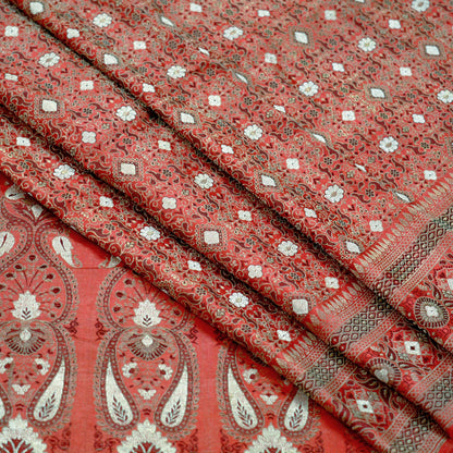 Indian Antique Vintage Heavy Sari Pure Satin Silk Red Hand Woven Banarasi Brocade Sarees Zari 5Yd Craft Fabric Ethnic Upcycle crafting Used