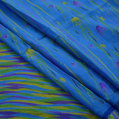 Women Vintage Sari Blue Pure Chiffon Silk Printed Sarees 5Yd Craft Fabric Sewing Soft Light Sari Dress Making Upcycle Quilting Crafting Used