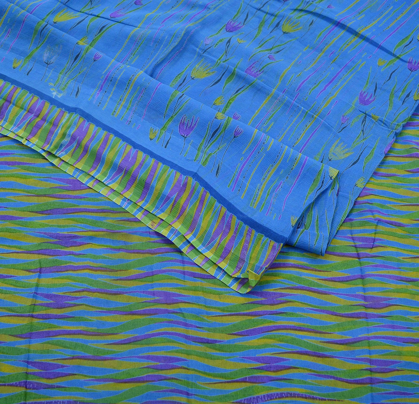 Women Vintage Sari Blue Pure Chiffon Silk Printed Sarees 5Yd Craft Fabric Sewing Soft Light Sari Dress Making Upcycle Quilting Crafting Used