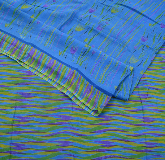 Women Vintage Sari Blue Pure Chiffon Silk Printed Sarees 5Yd Craft Fabric Sewing Soft Light Sari Dress Making Upcycle Quilting Crafting Used