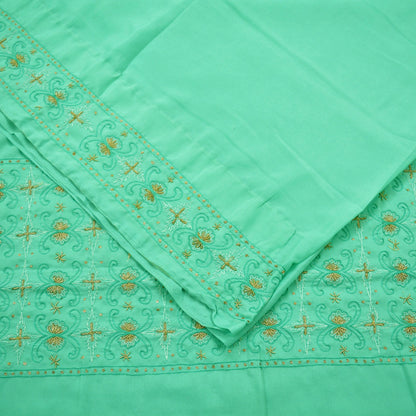 Indian Vintage Sari Green Art Silk Hand Embroidered Sarees Craft Fabric 5Yd Sewing Soft Golden Zardozi/Zari Floral Upcycle Dress Making used