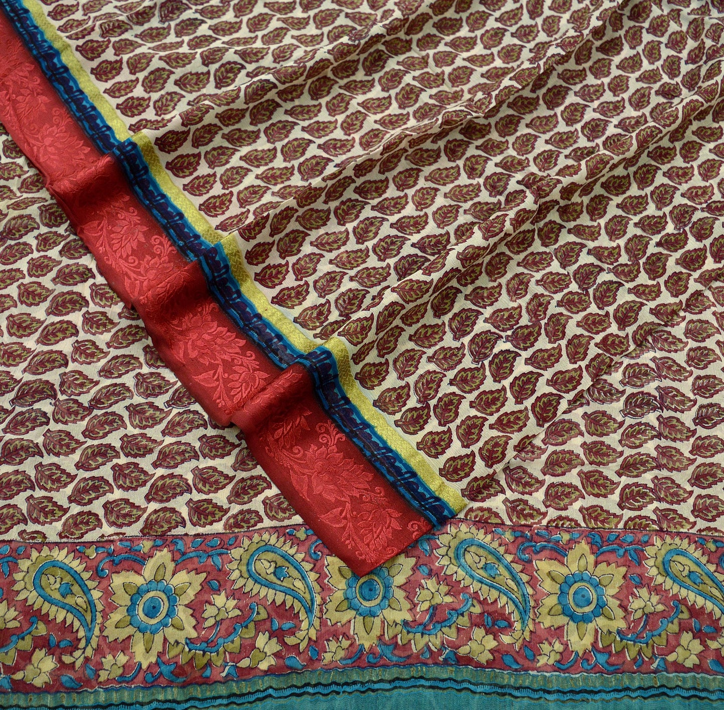 Indian Vintage Sari Cream Pure Chiffon Silk Printed Sarees Craft Fabric Sewing 5Yd Soft Dress Making Zari Border Quilting For Crafting Used