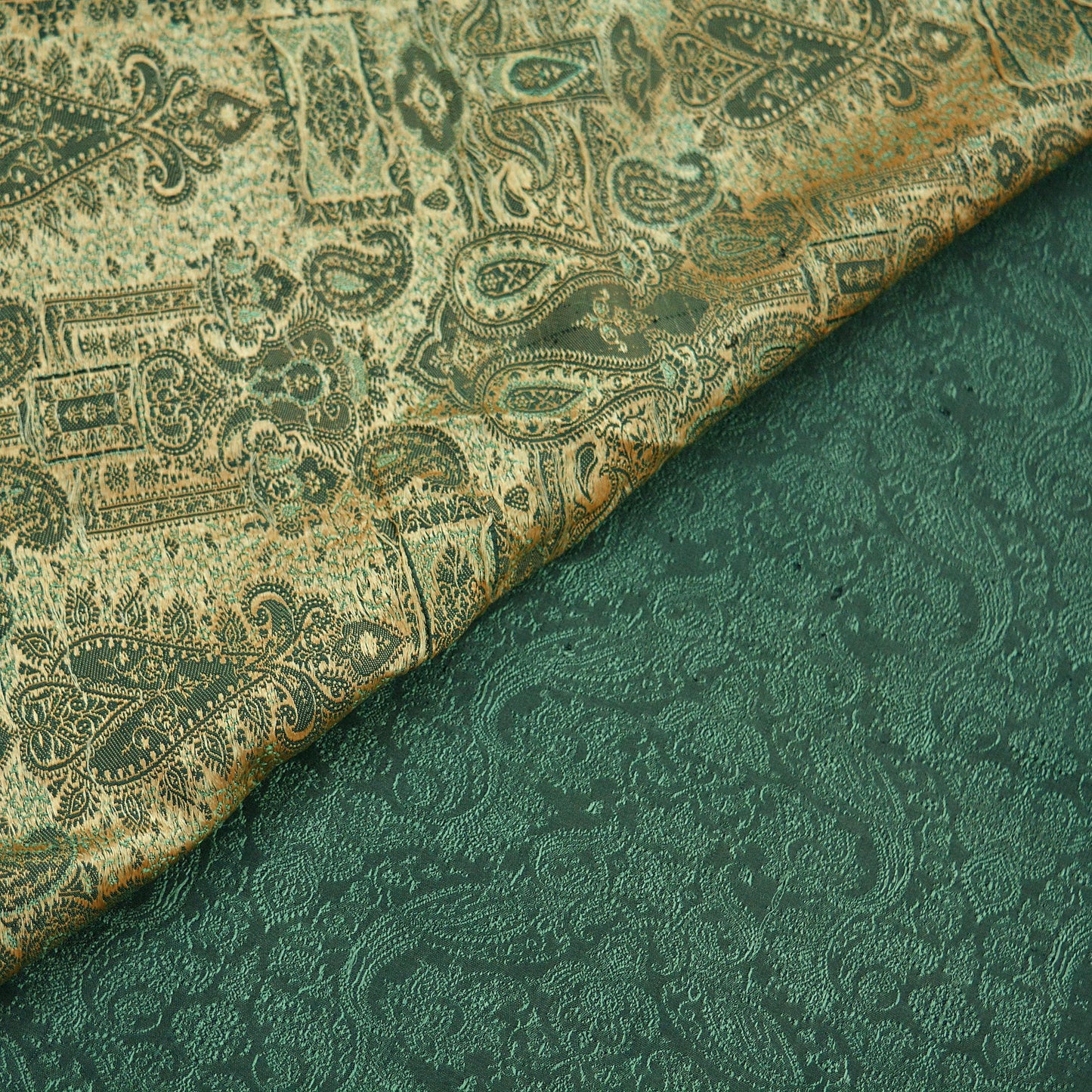 Vintage Heavy Sari Green Pure Satin Silk Woven Brocade Sarees 5Yd Floral Paisley Ethnic Craft Fabric Soft Upcycle Dress Making Quilting Used