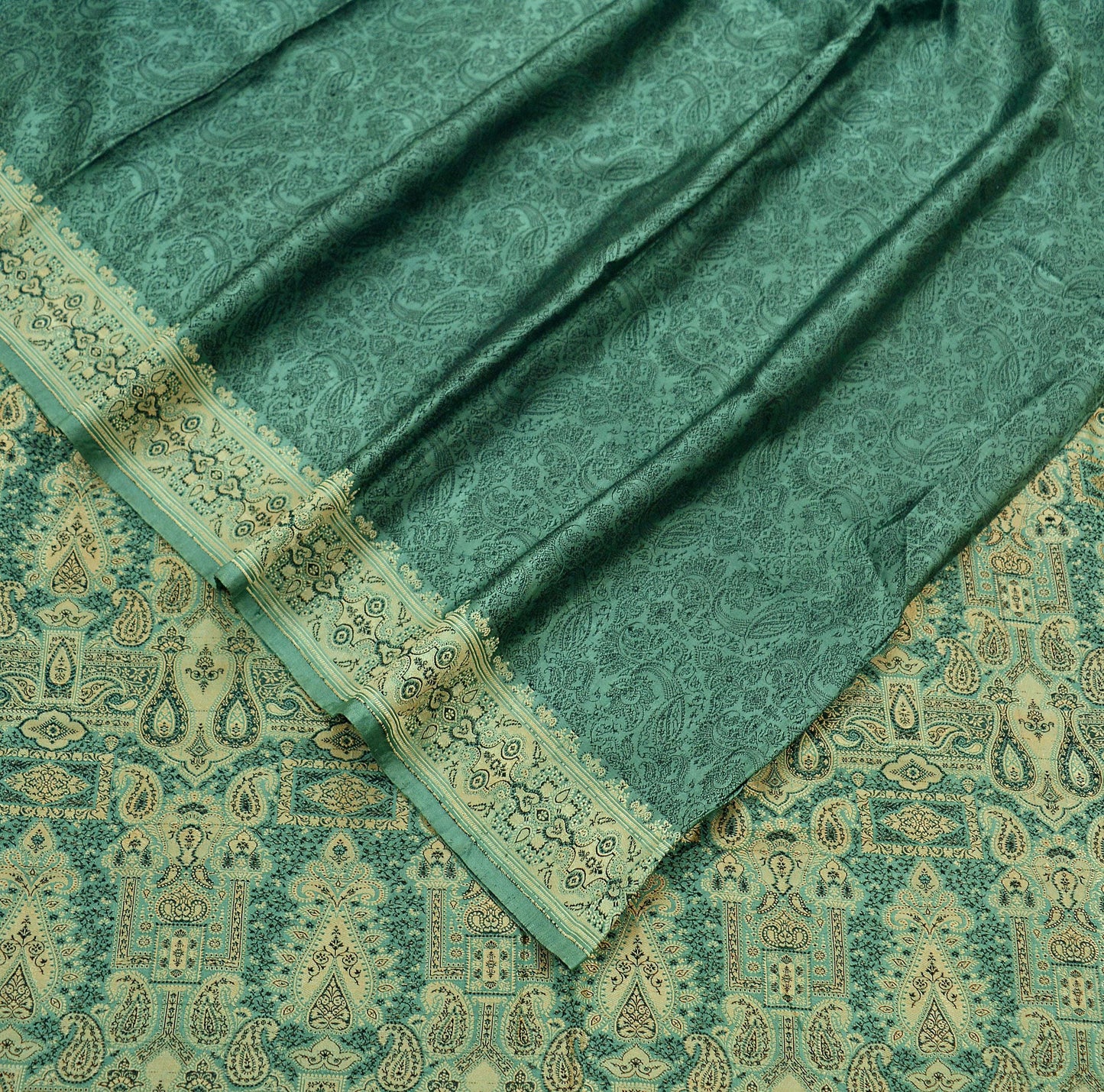 Vintage Heavy Sari Green Pure Satin Silk Woven Brocade Sarees 5Yd Floral Paisley Ethnic Craft Fabric Soft Upcycle Dress Making Quilting Used