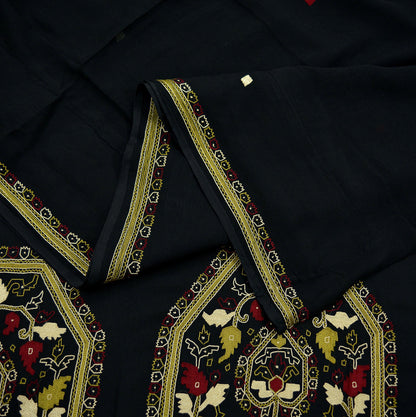 Indian Vintage Sari Black Pure Chiffon Silk Hand Embroidered Sarees Craft Fabric 5Yd Soft Dress Making Sewing Quilting For Crafting Used
