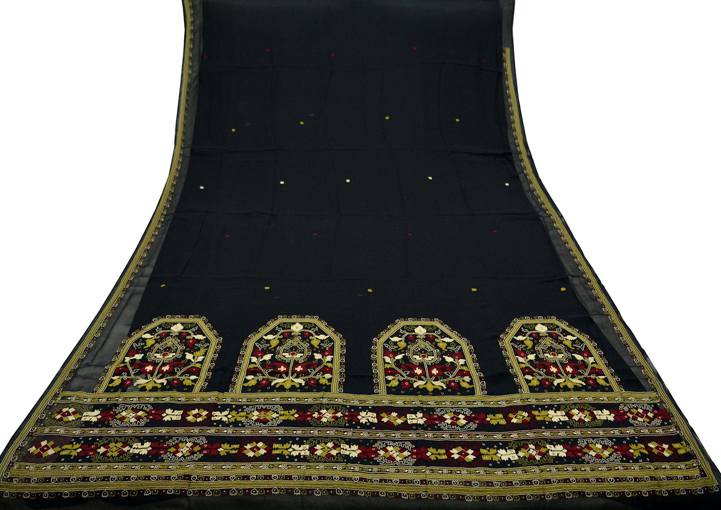 Indian Vintage Sari Black Pure Chiffon Silk Hand Embroidered Sarees Craft Fabric 5Yd Soft Dress Making Sewing Quilting For Crafting Used