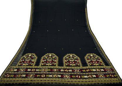 Indian Vintage Sari Black Pure Chiffon Silk Hand Embroidered Sarees Craft Fabric 5Yd Soft Dress Making Sewing Quilting For Crafting Used