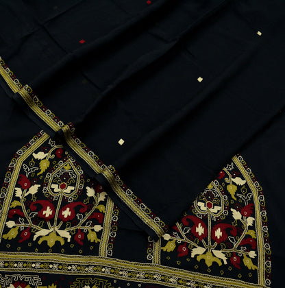Indian Vintage Sari Black Pure Chiffon Silk Hand Embroidered Sarees Craft Fabric 5Yd Soft Dress Making Sewing Quilting For Crafting Used