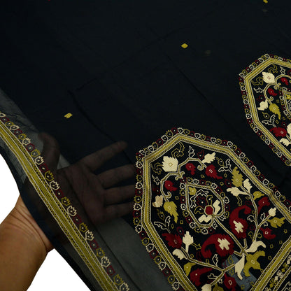 Indian Vintage Sari Black Pure Chiffon Silk Hand Embroidered Sarees Craft Fabric 5Yd Soft Dress Making Sewing Quilting For Crafting Used