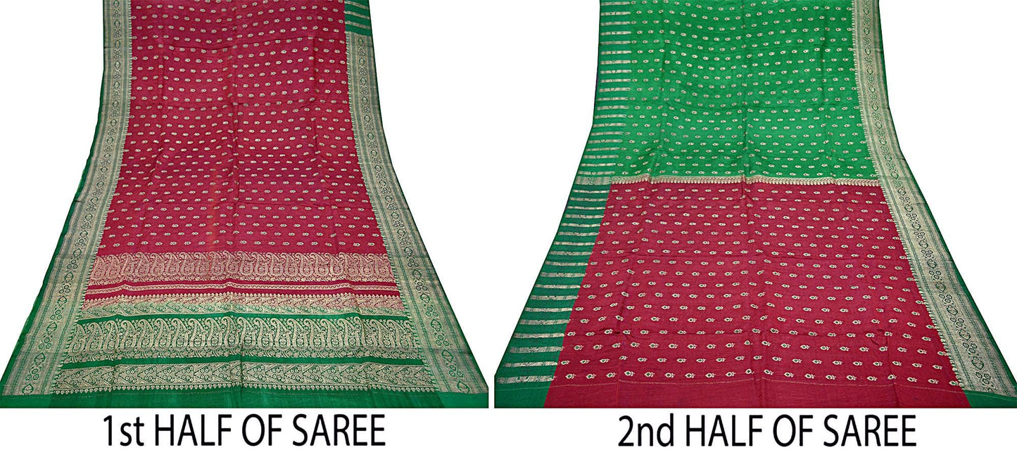 Indian Vintage Heavy Sari Pure Satin Silk Maroon & Green Woven Brocade Banarasi Sarees Zari 5Yd Ethnic Craft Fabric Dress Making Upcycle