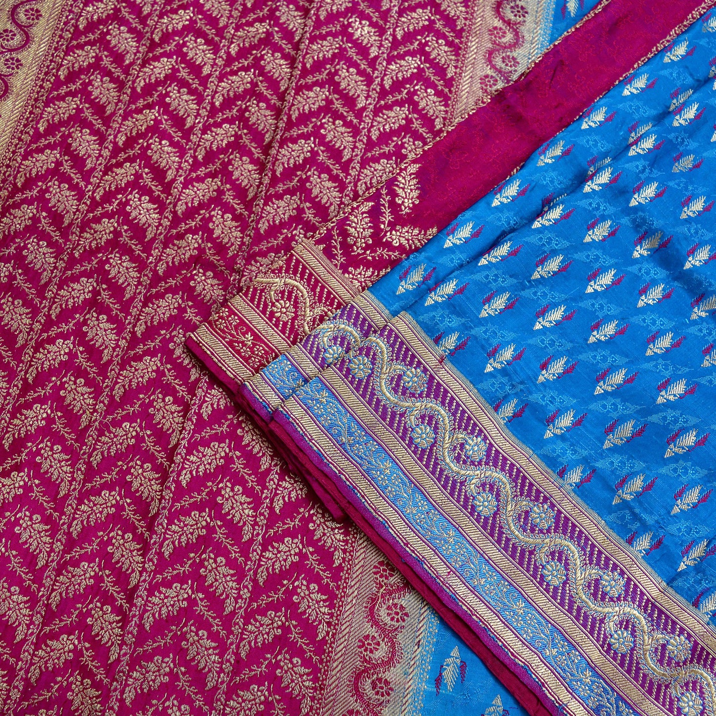 Indian Vintage Heavy Sari Pink & Blue Pure Satin Silk Woven Brocade Banarasi Sarees Zari 5Yd Ethnic Craft Fabric Dress Making Upcycle