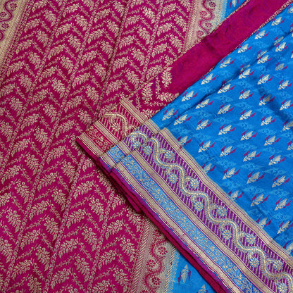 Indian Vintage Heavy Sari Pink & Blue Pure Satin Silk Woven Brocade Banarasi Sarees Zari 5Yd Ethnic Craft Fabric Dress Making Upcycle