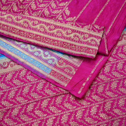 Indian Vintage Heavy Sari Pink & Blue Pure Satin Silk Woven Brocade Banarasi Sarees Zari 5Yd Ethnic Craft Fabric Dress Making Upcycle