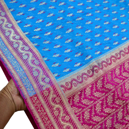 Indian Vintage Heavy Sari Pink & Blue Pure Satin Silk Woven Brocade Banarasi Sarees Zari 5Yd Ethnic Craft Fabric Dress Making Upcycle