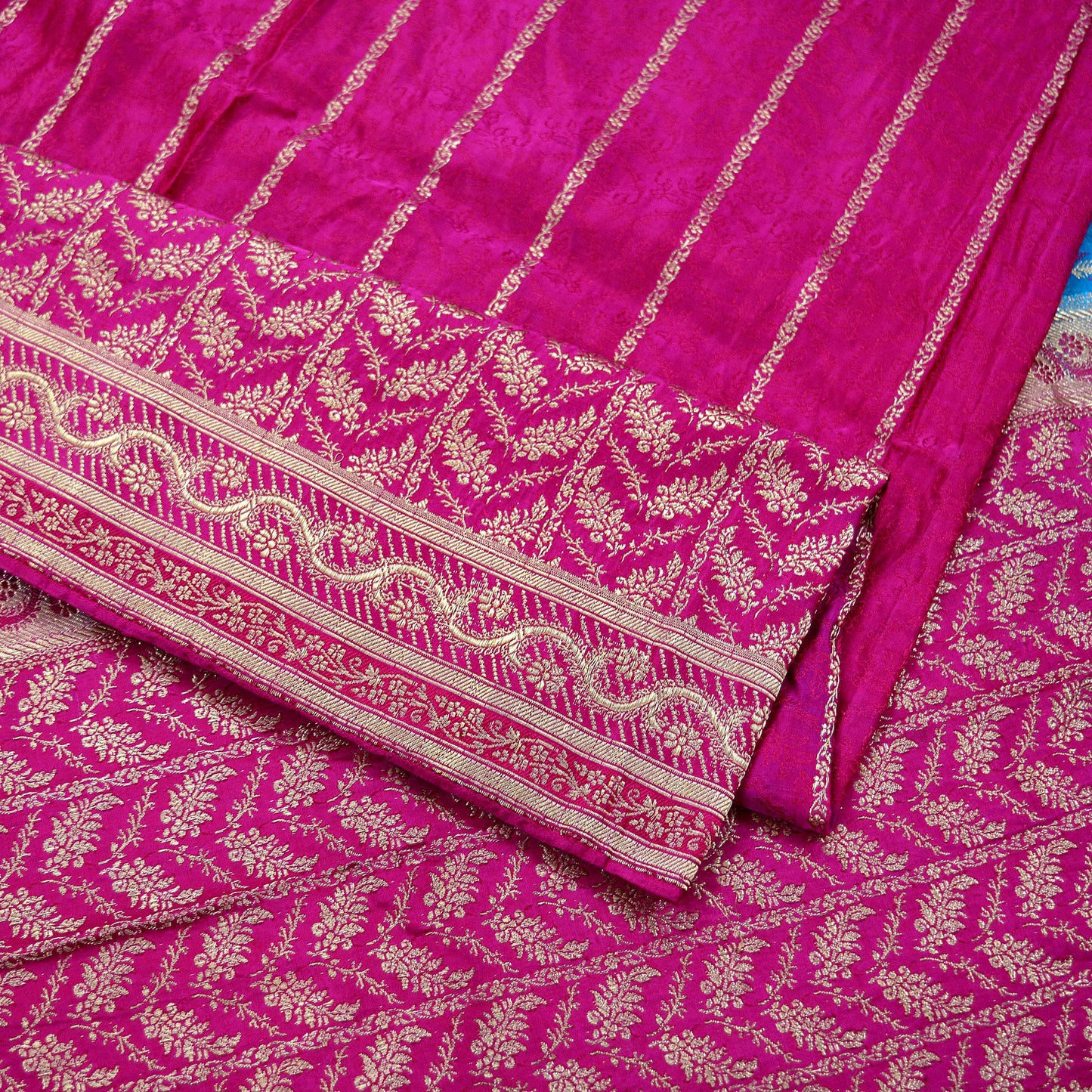 Indian Vintage Heavy Sari Pink & Blue Pure Satin Silk Woven Brocade Banarasi Sarees Zari 5Yd Ethnic Craft Fabric Dress Making Upcycle