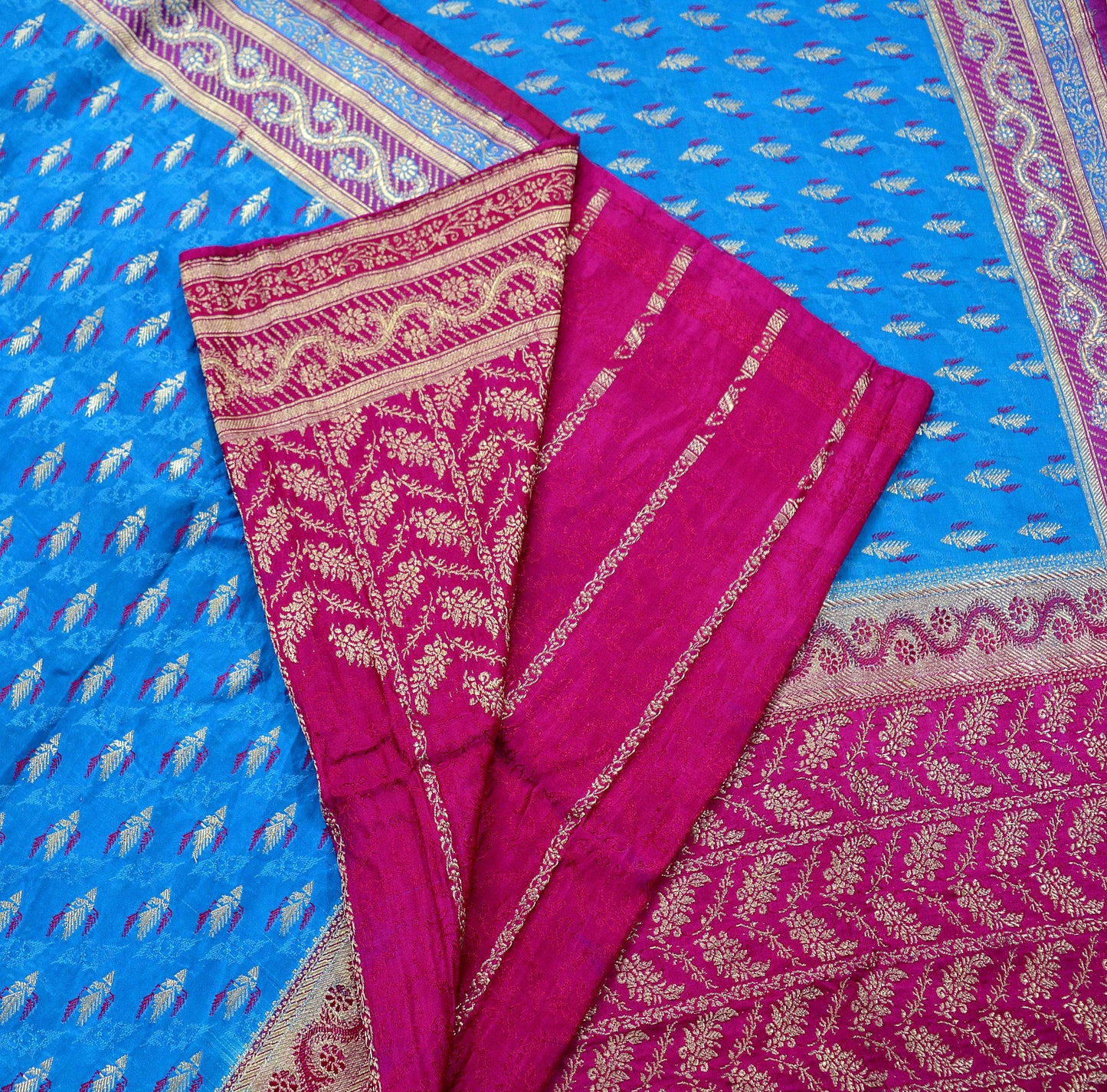 Indian Vintage Heavy Sari Pink & Blue Pure Satin Silk Woven Brocade Banarasi Sarees Zari 5Yd Ethnic Craft Fabric Dress Making Upcycle