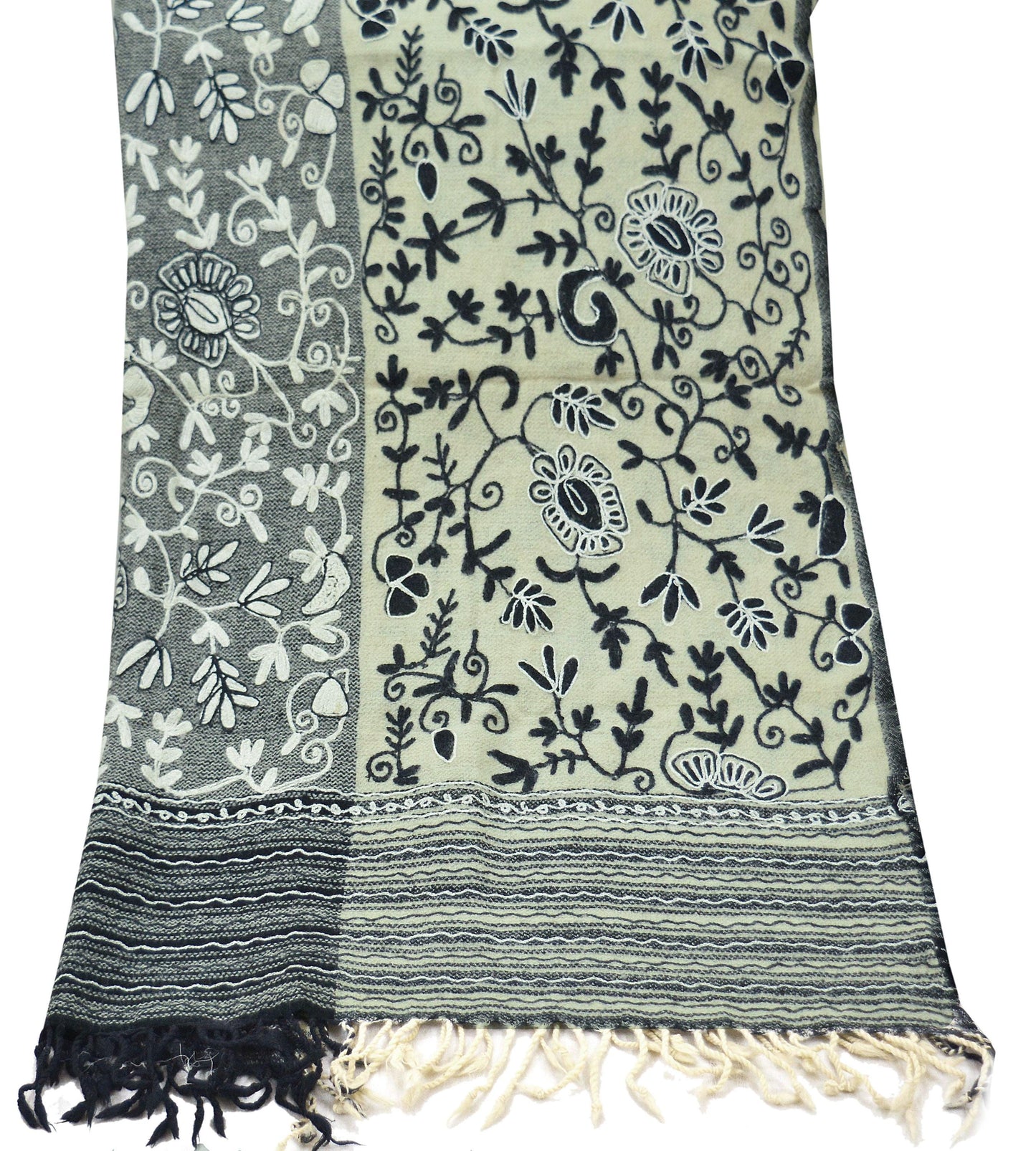 Indian Vintage Cream & Black Pure Woolen Shawl Handmade Ari work Long Throw Stole Warm Beige Floral Design Fringes