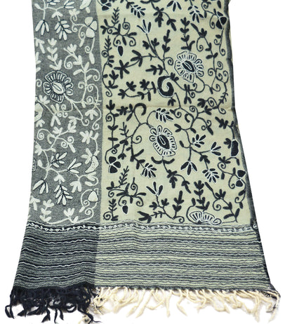 Indian Vintage Cream & Black Pure Woolen Shawl Handmade Ari work Long Throw Stole Warm Beige Floral Design Fringes