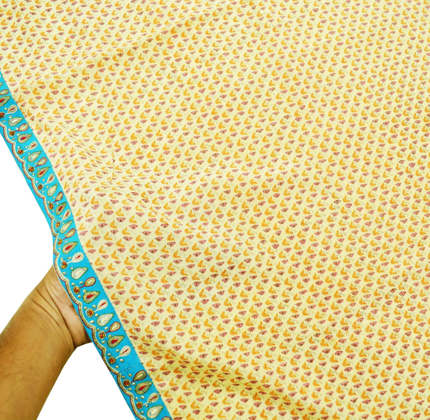 Indian Vintage Sari Beige Pure Crepe Silk Hand Embroidered Sarees 5yd Sewing Craft Fabric Dress Making Floral Sequins Upcycle Quilting