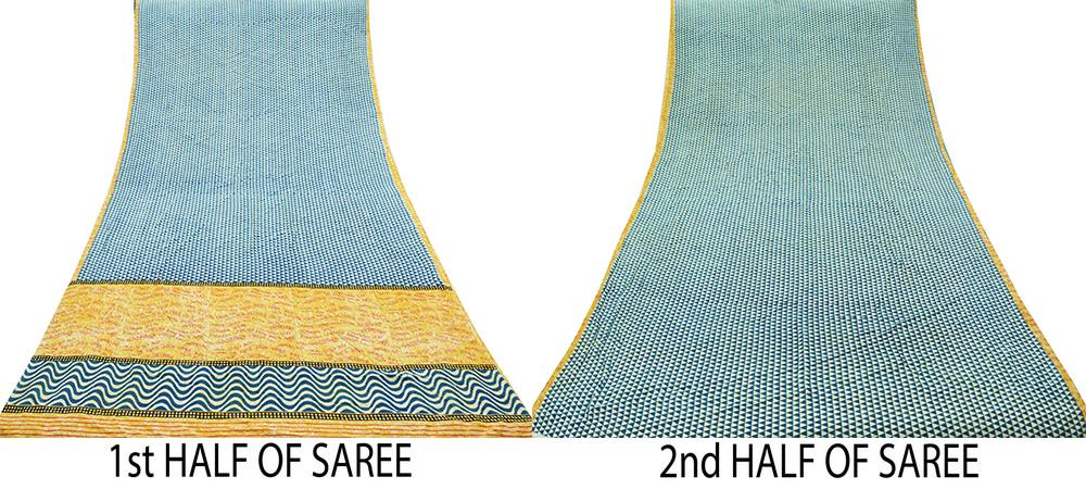 Indian Vintage Sari Ivory & Blue Pure Crepe Silk Printed Sarees Craft Fabric 5yd Sewing Stripes Soft Wrap Upcycle Dress Making Quilting