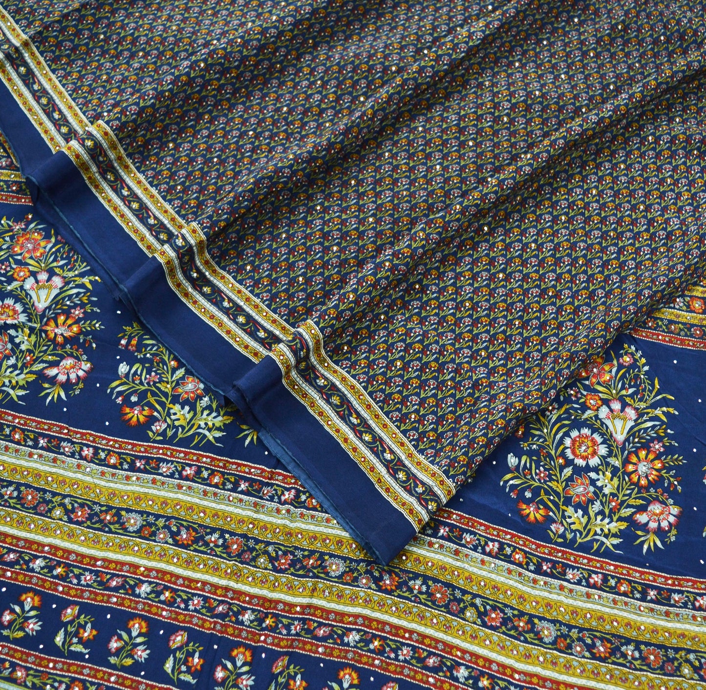 Indian Vintage Sari Blue Pure Crepe Silk Mukesh Work Printed Sarees 5yd Sewing Craft Fabric Floral Soft Ethnic Upcycle Dress Making Quilting