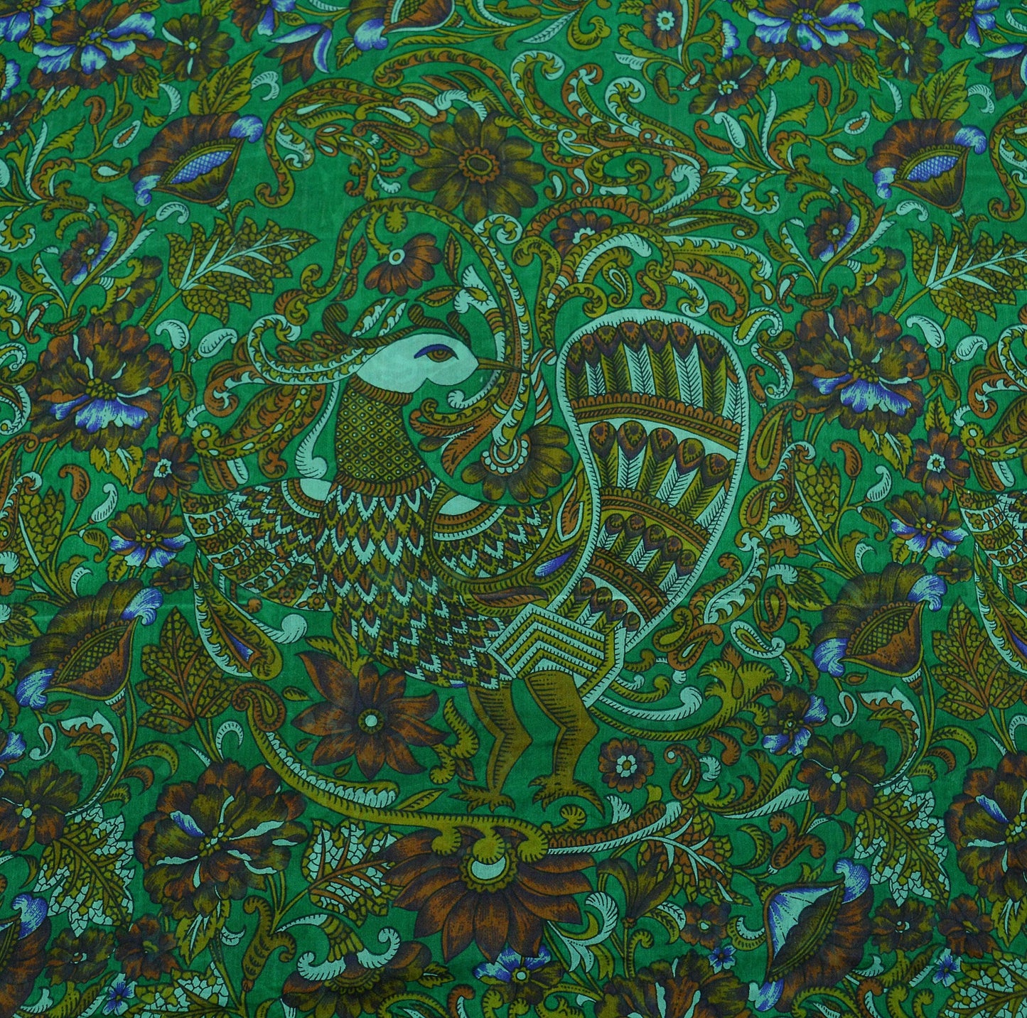 Indian Vintage Sari Green Pure Silk Printed Sarees 5yd Sewing Craft Fabric Dress Making  Peacock Wrap Upcycle Used Quilting Crafting