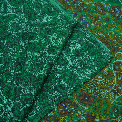 Indian Vintage Sari Green Pure Silk Printed Sarees 5yd Sewing Craft Fabric Dress Making  Peacock Wrap Upcycle Used Quilting Crafting