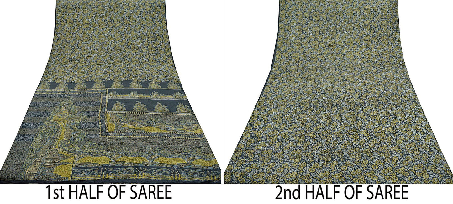 Indian Vintage Sari Gray 100% Pure Silk Printed Sarees Craft Fabric 5yd Sewing Soft Floral Dress Making Upcycle Quilting Crafting Wrap Used