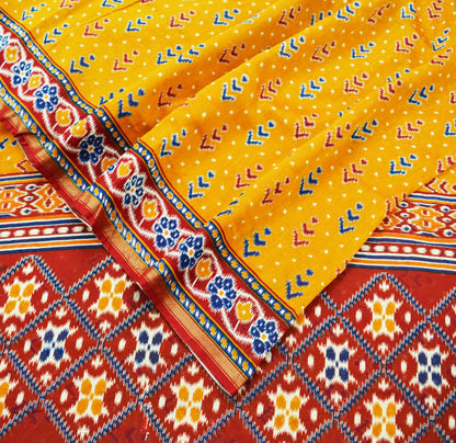 Indian Vintage Sari Mustard & red Pure chanderi Silk Block Printed Sarees Craft Fabric 5Yd Geometric Soft Golden Zari Bollywood Sarees