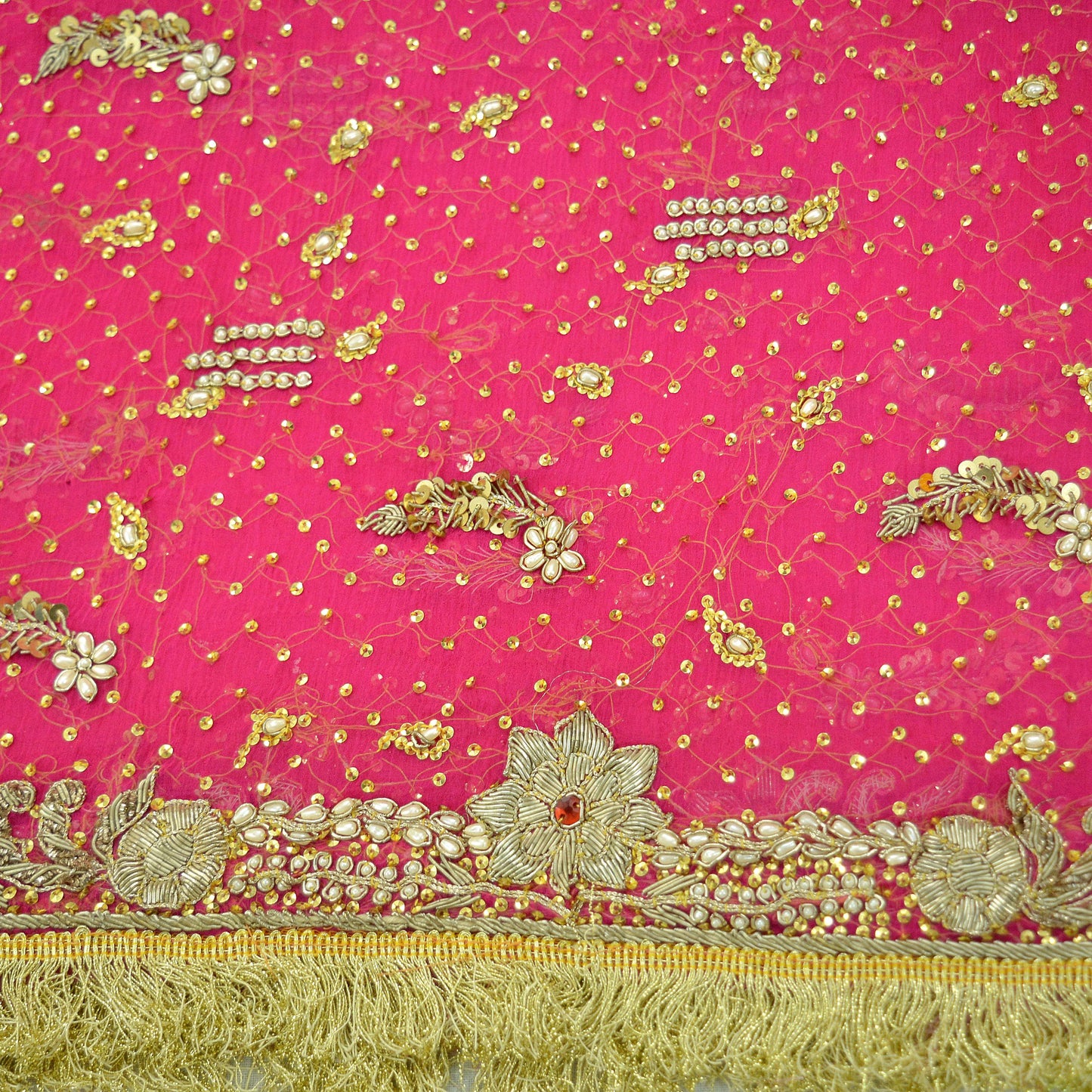 Indian Vintage Heavy Bridal Dupatta Pink Pure Chiffon Silk Long Stole Hand Embroidered Hijab Scarf Zardozi/Dabka Zari 1980s Wedding Dupatta