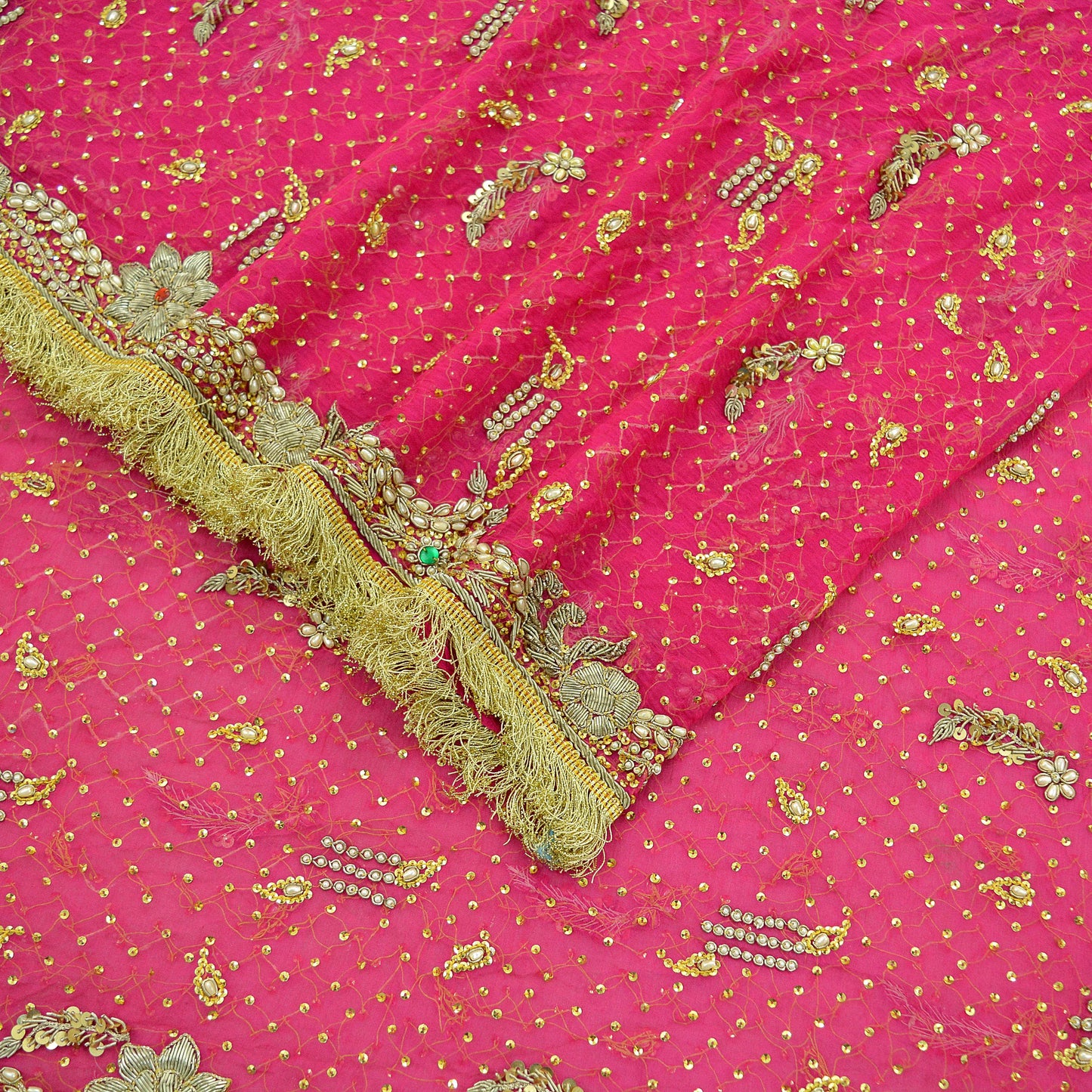 Indian Vintage Heavy Bridal Dupatta Pink Pure Chiffon Silk Long Stole Hand Embroidered Hijab Scarf Zardozi/Dabka Zari 1980s Wedding Dupatta