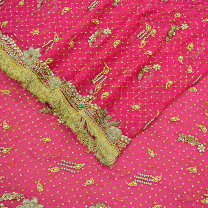 Indian Vintage Heavy Bridal Dupatta Pink Pure Chiffon Silk Long Stole Hand Embroidered Hijab Scarf Zardozi/Dabka Zari 1980s Wedding Dupatta