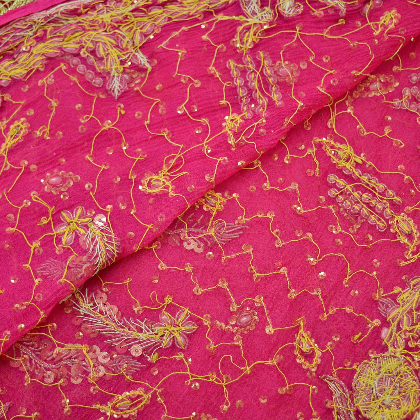 Indian Vintage Heavy Bridal Dupatta Pink Pure Chiffon Silk Long Stole Hand Embroidered Hijab Scarf Zardozi/Dabka Zari 1980s Wedding Dupatta