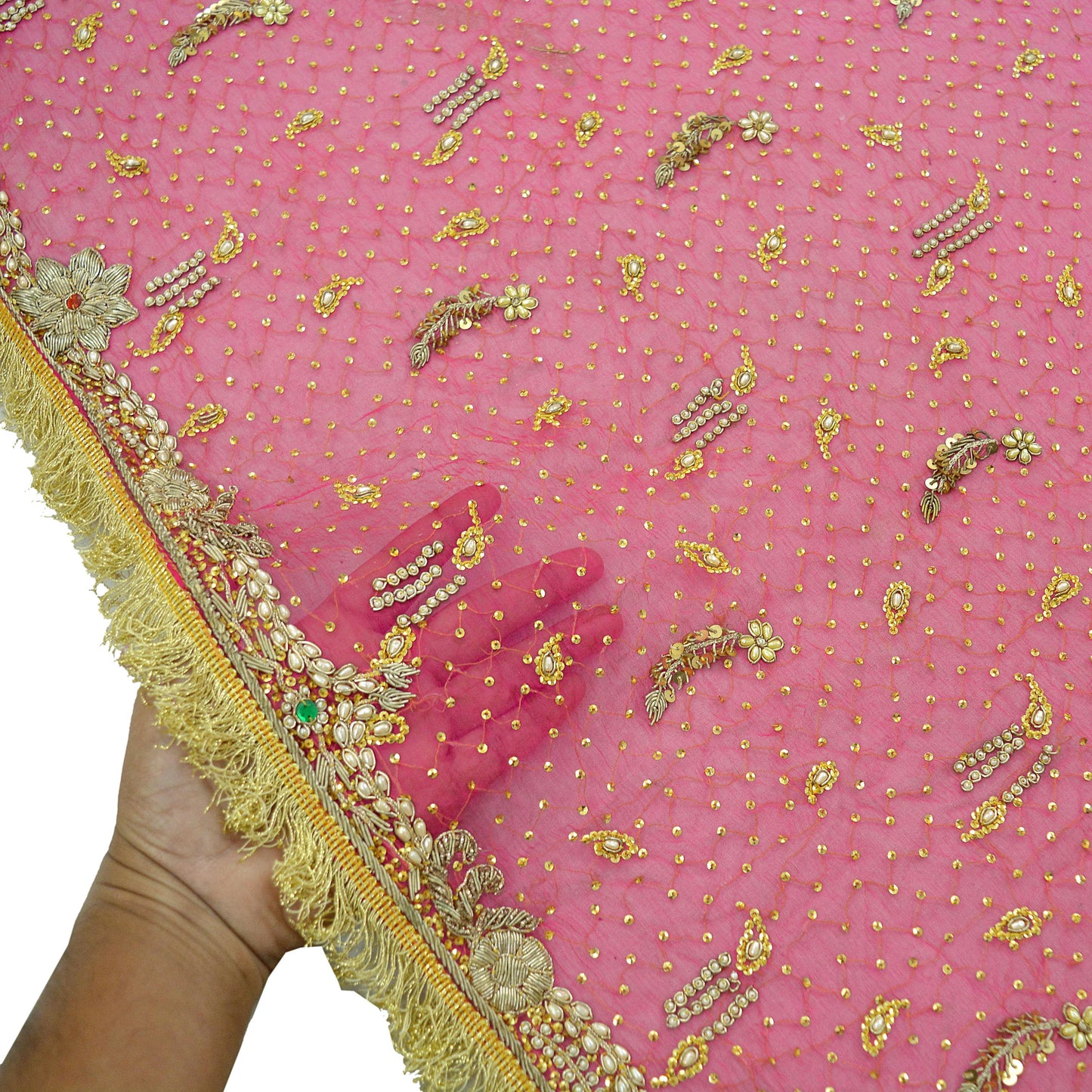 Indian Vintage Heavy Bridal Dupatta Pink Pure Chiffon Silk Long Stole Hand Embroidered Hijab Scarf Zardozi/Dabka Zari 1980s Wedding Dupatta