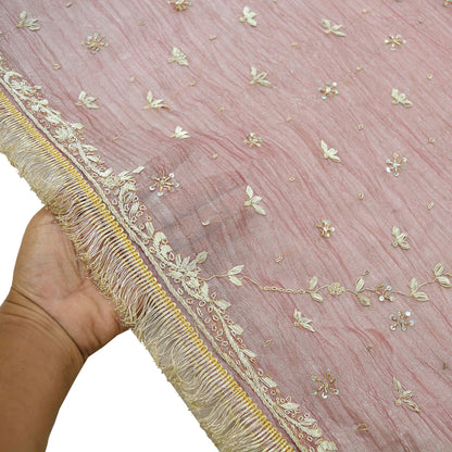 Indian Vintage Bridal Heavy Dupatta Pink Pure Tissue Silk Long Stole Hand Embroidered Hijab Scarves Zari Zardozi/Dabka Wedding Hijab Veil