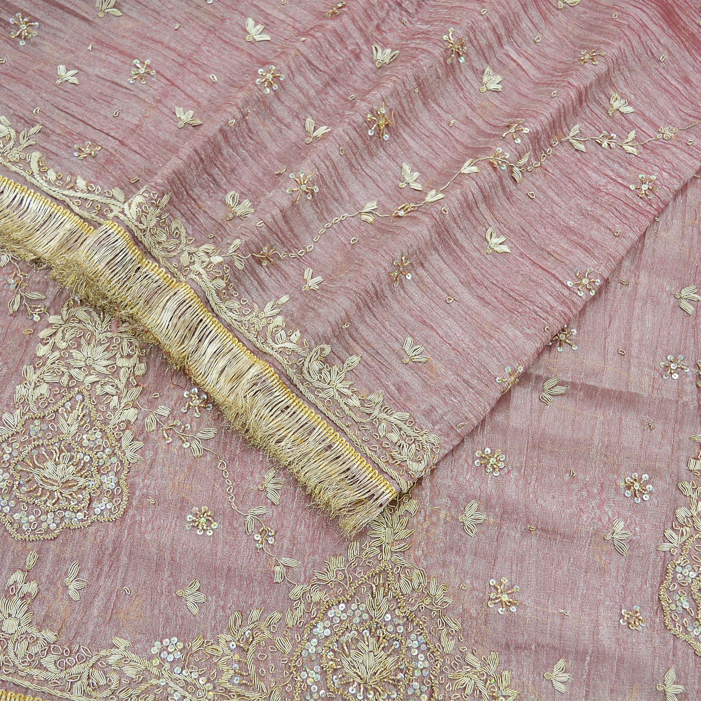 Indian Vintage Bridal Heavy Dupatta Pink Pure Tissue Silk Long Stole Hand Embroidered Hijab Scarves Zari Zardozi/Dabka Wedding Hijab Veil