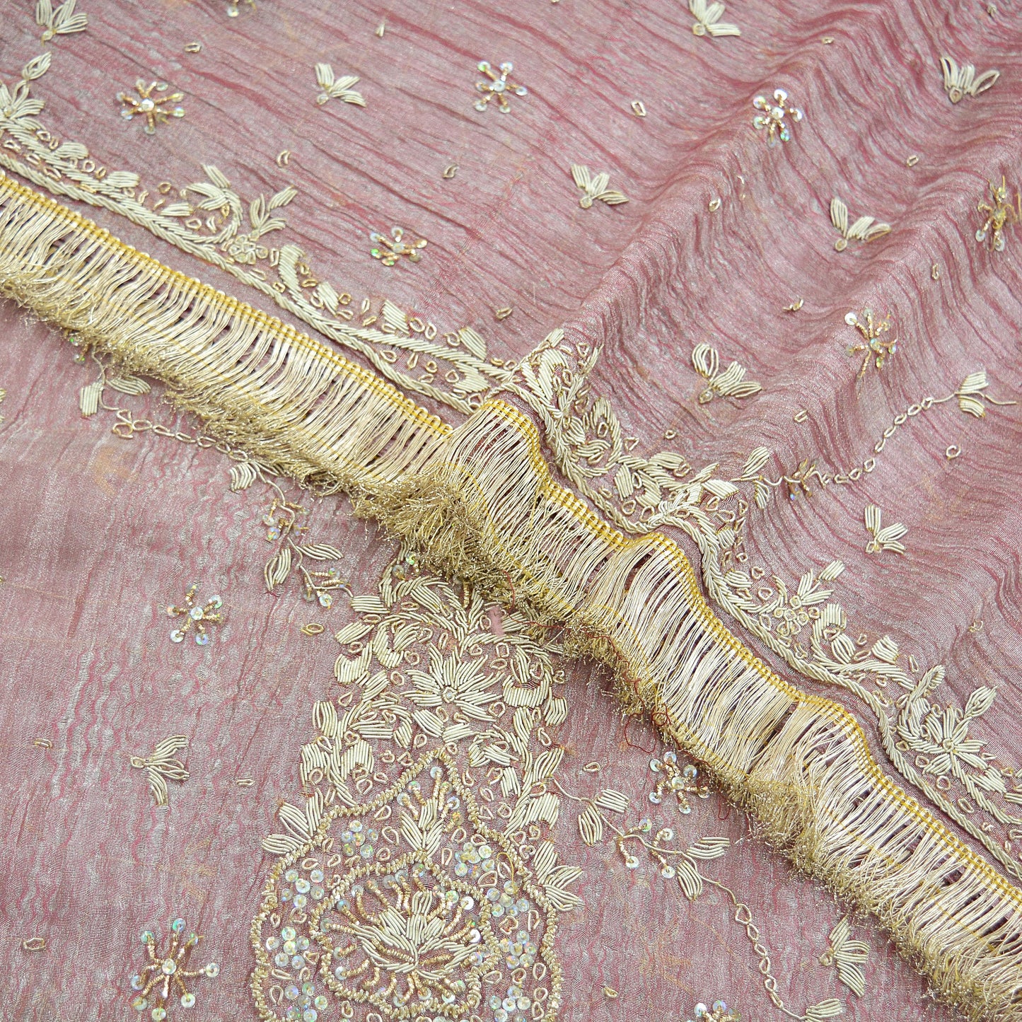 Indian Vintage Bridal Heavy Dupatta Pink Pure Tissue Silk Long Stole Hand Embroidered Hijab Scarves Zari Zardozi/Dabka Wedding Hijab Veil