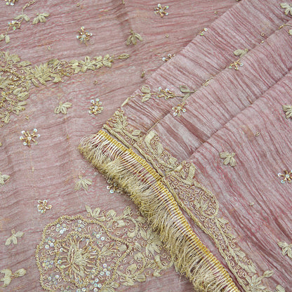 Indian Vintage Bridal Heavy Dupatta Pink Pure Tissue Silk Long Stole Hand Embroidered Hijab Scarves Zari Zardozi/Dabka Wedding Hijab Veil