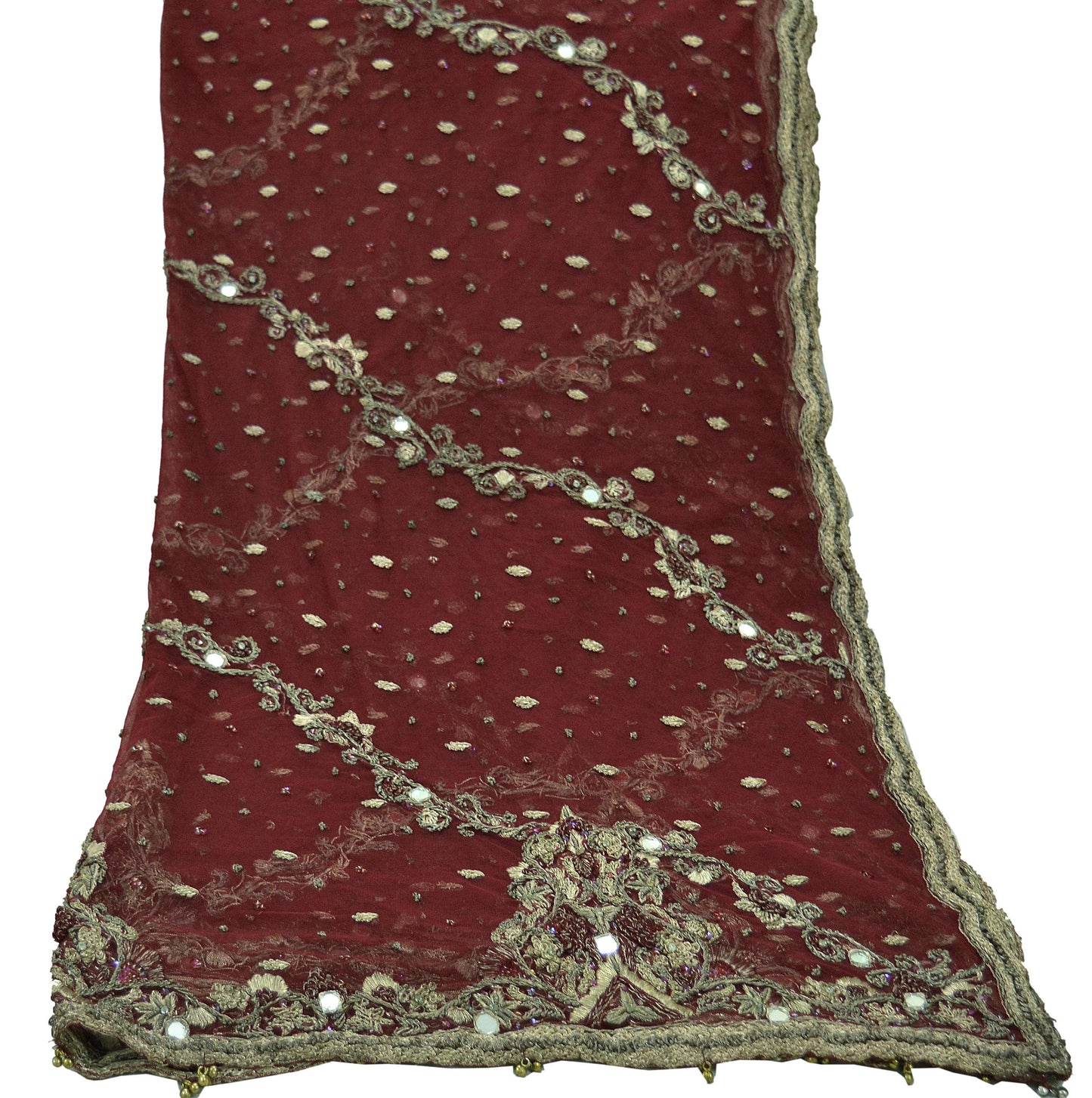 Indian Vintage Heavy Bridal Dupatta Dark Red Net Mesh Long Stole Hand Embroidered Scarves Zardozi/ Dabka Zari Mirror Wedding veil Party wear