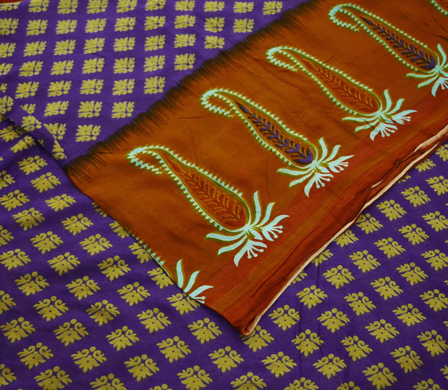 Indian Vintage Sari Orange & Purple Printed 100% Pure Cotton Saree Craft Soft Fabric 5Yard Sewing Sarong Wrap Floral