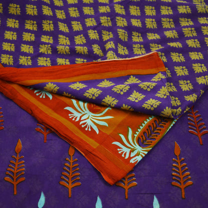 Indian Vintage Sari Orange & Purple Printed 100% Pure Cotton Saree Craft Soft Fabric 5Yard Sewing Sarong Wrap Floral