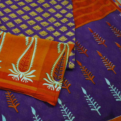 Indian Vintage Sari Orange & Purple Printed 100% Pure Cotton Saree Craft Soft Fabric 5Yard Sewing Sarong Wrap Floral