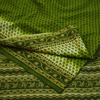 Indian Vintage Sari Green Printed Pure Cotton Saree Craft Soft Fabric 5Yard Sewing Sarong Wrap Boho Floral