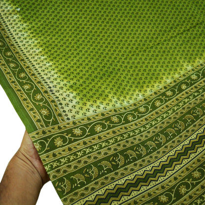 Indian Vintage Sari Green Printed Pure Cotton Saree Craft Soft Fabric 5Yard Sewing Sarong Wrap Boho Floral