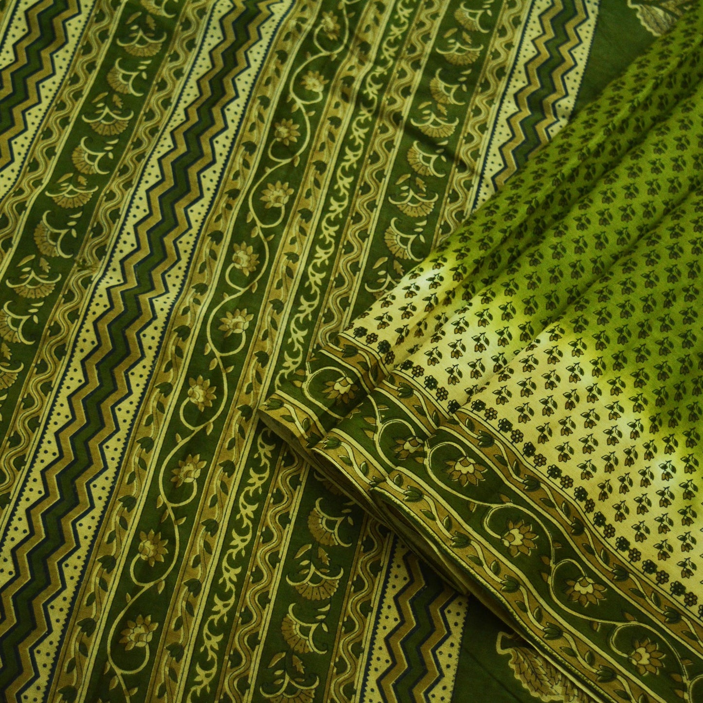 Indian Vintage Sari Green Printed Pure Cotton Saree Craft Soft Fabric 5Yard Sewing Sarong Wrap Boho Floral