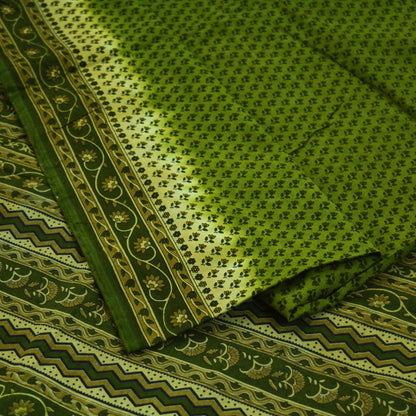 Indian Vintage Sari Green Printed Pure Cotton Saree Craft Soft Fabric 5Yard Sewing Sarong Wrap Boho Floral